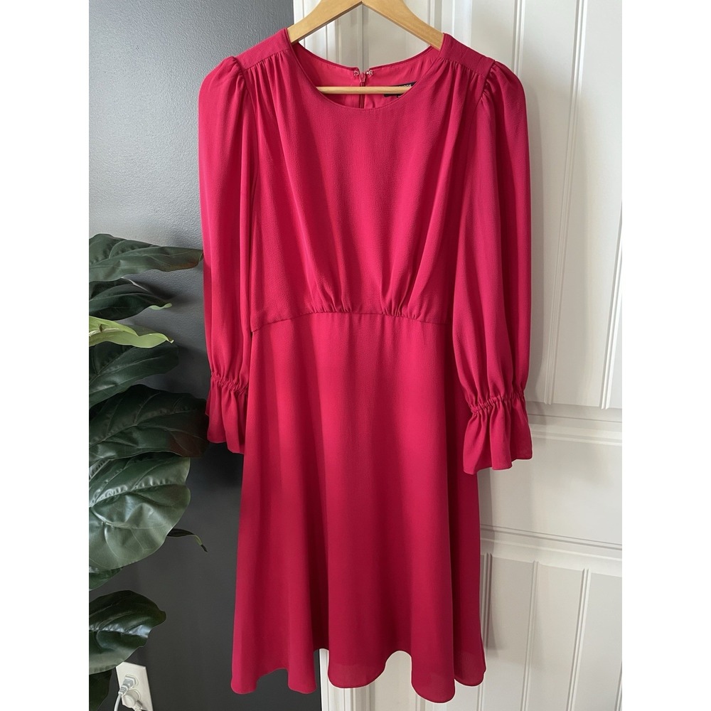 Maggy London Pink Crepe A-Line Dress Long Ruffle Sleeve Knee Length 6 RN 58142